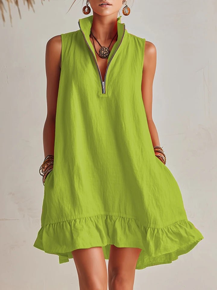 Linen Half-Zip Ruffle Mini Dress