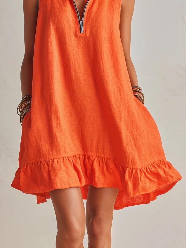 Linen Half-Zip Ruffle Mini Dress
