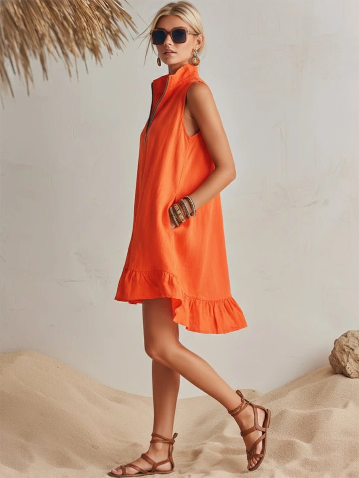 Linen Half-Zip Ruffle Mini Dress