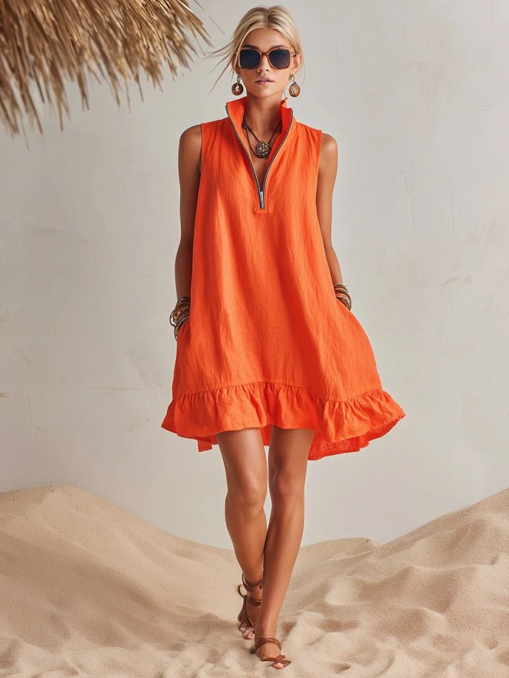 Linen Half-Zip Ruffle Mini Dress