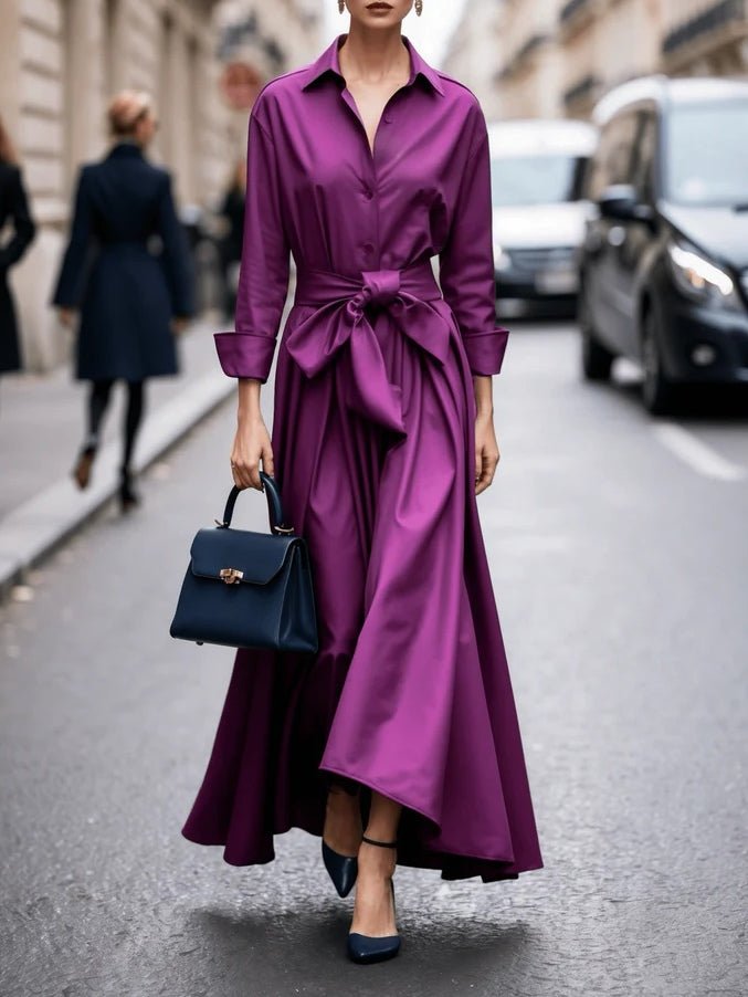 Long-Sleeve Shirt-Style Tie-Waist Maxi Dress