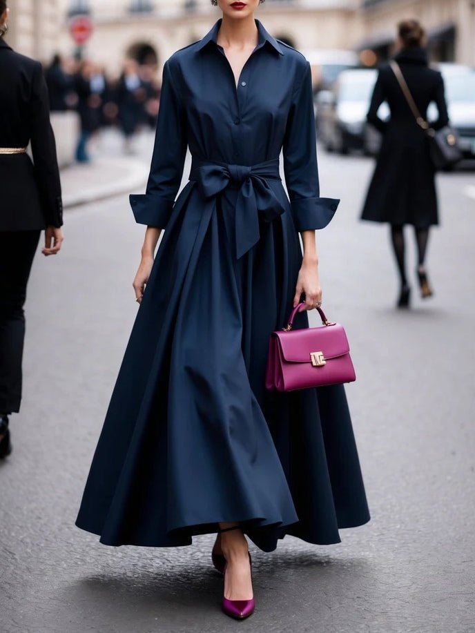 Long-Sleeve Shirt-Style Tie-Waist Maxi Dress