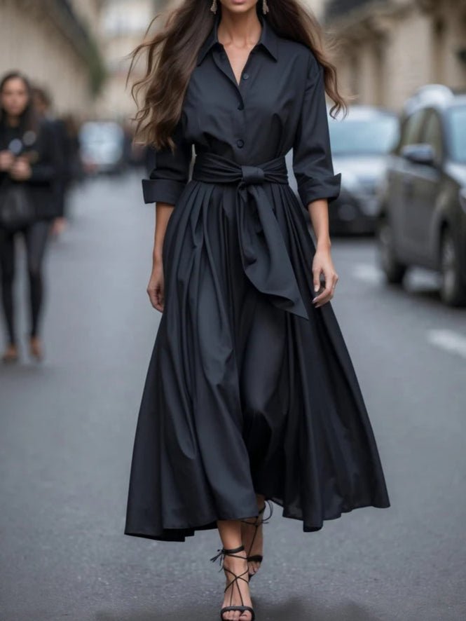 Long-Sleeve Shirt-Style Tie-Waist Maxi Dress