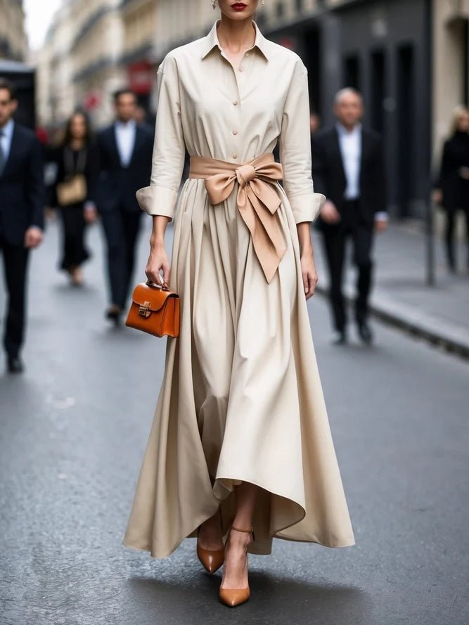 Long-Sleeve Shirt-Style Tie-Waist Maxi Dress