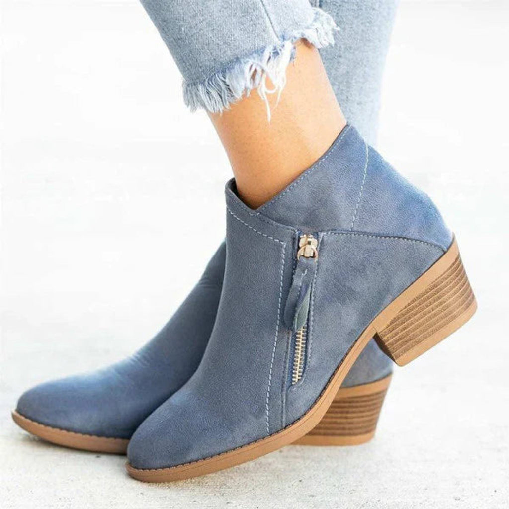 Ankle Boots Suede Look Low Block Heel Side Zip Versatile