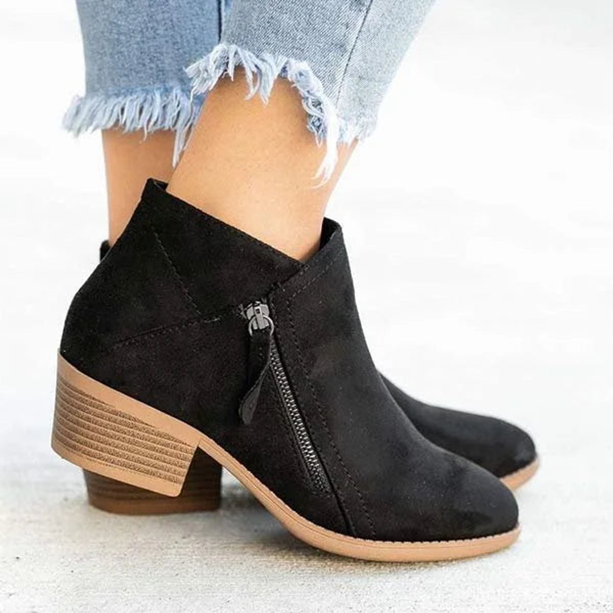 Ankle Boots Suede Look Low Block Heel Side Zip Versatile