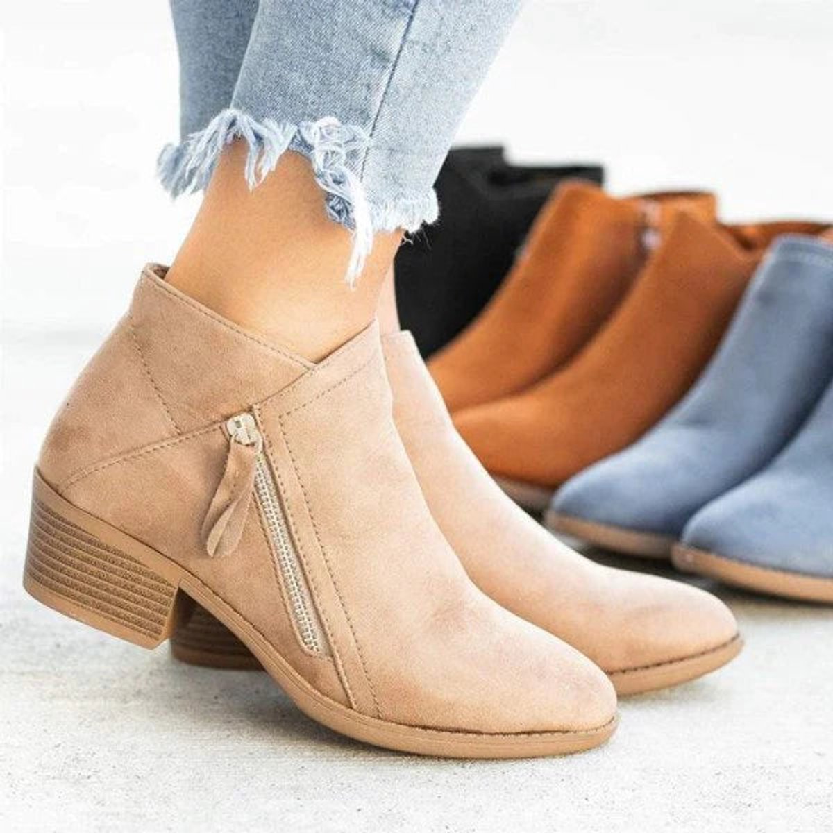 Ankle Boots Suede Look Low Block Heel Side Zip Versatile