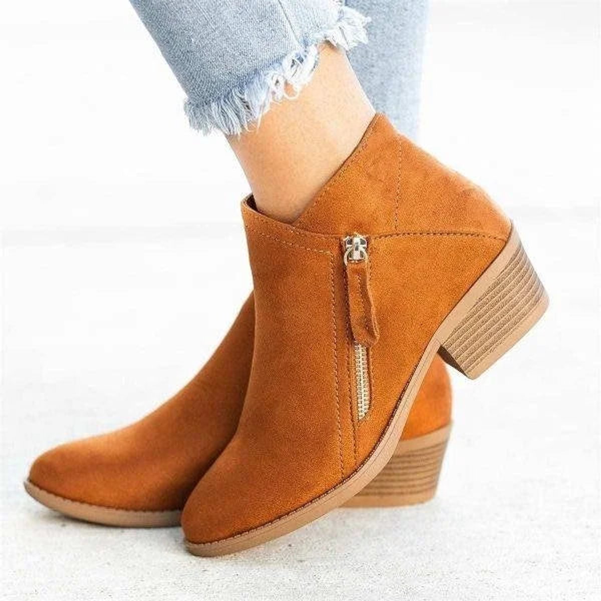 Ankle Boots Suede Look Low Block Heel Side Zip Versatile