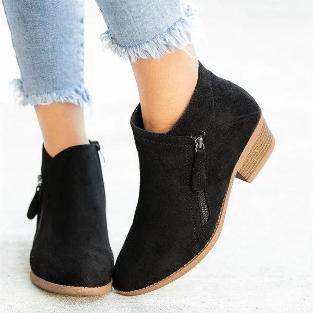 Ankle Boots Suede Look Low Block Heel Side Zip Versatile
