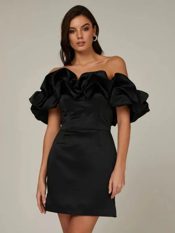 Elegant Ruffled Off-Shoulder Satin Mini Dress