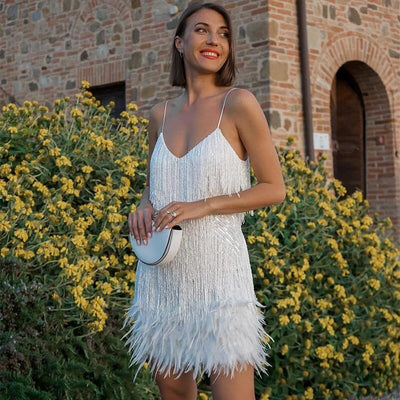 Stylish Sequin Feather Trim Cocktail Dress