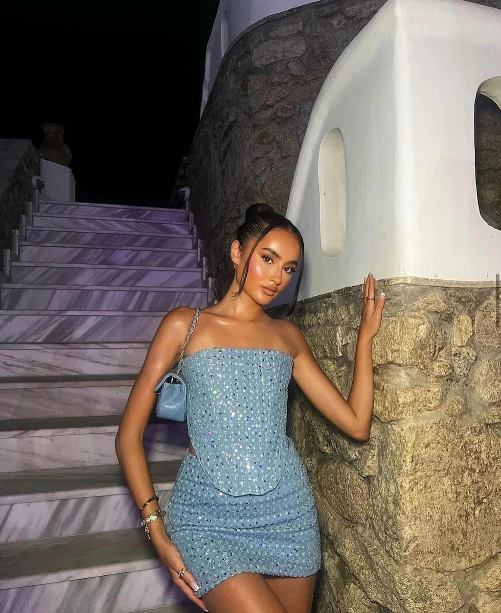 Sequin Denim Strapless Two-Piece Set