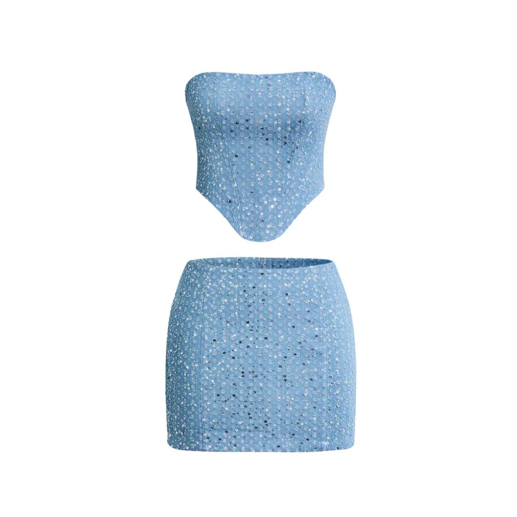 Sequin Denim Strapless Two-Piece Set