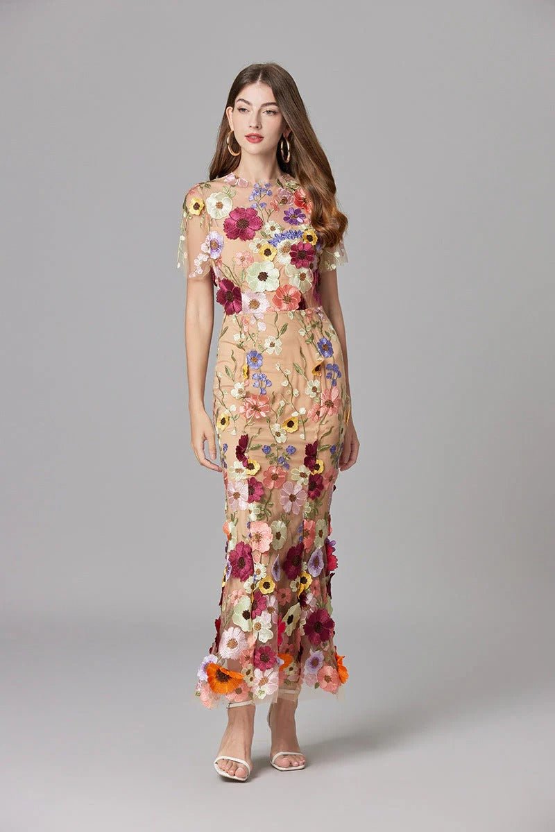 Sleeveless 3D Floral Applique Sheer Mesh Maxi Dress