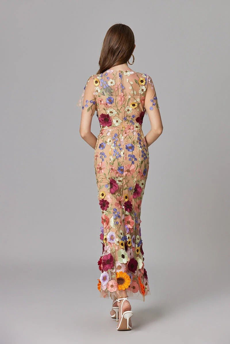 Sleeveless 3D Floral Applique Sheer Mesh Maxi Dress