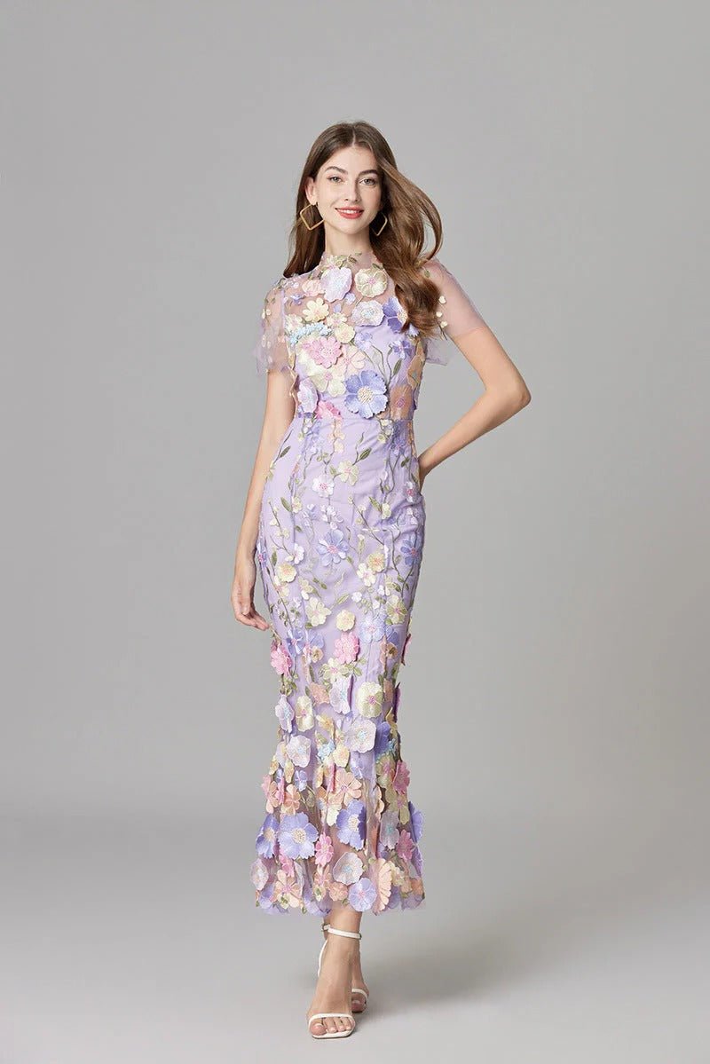 Sleeveless 3D Floral Applique Sheer Mesh Maxi Dress