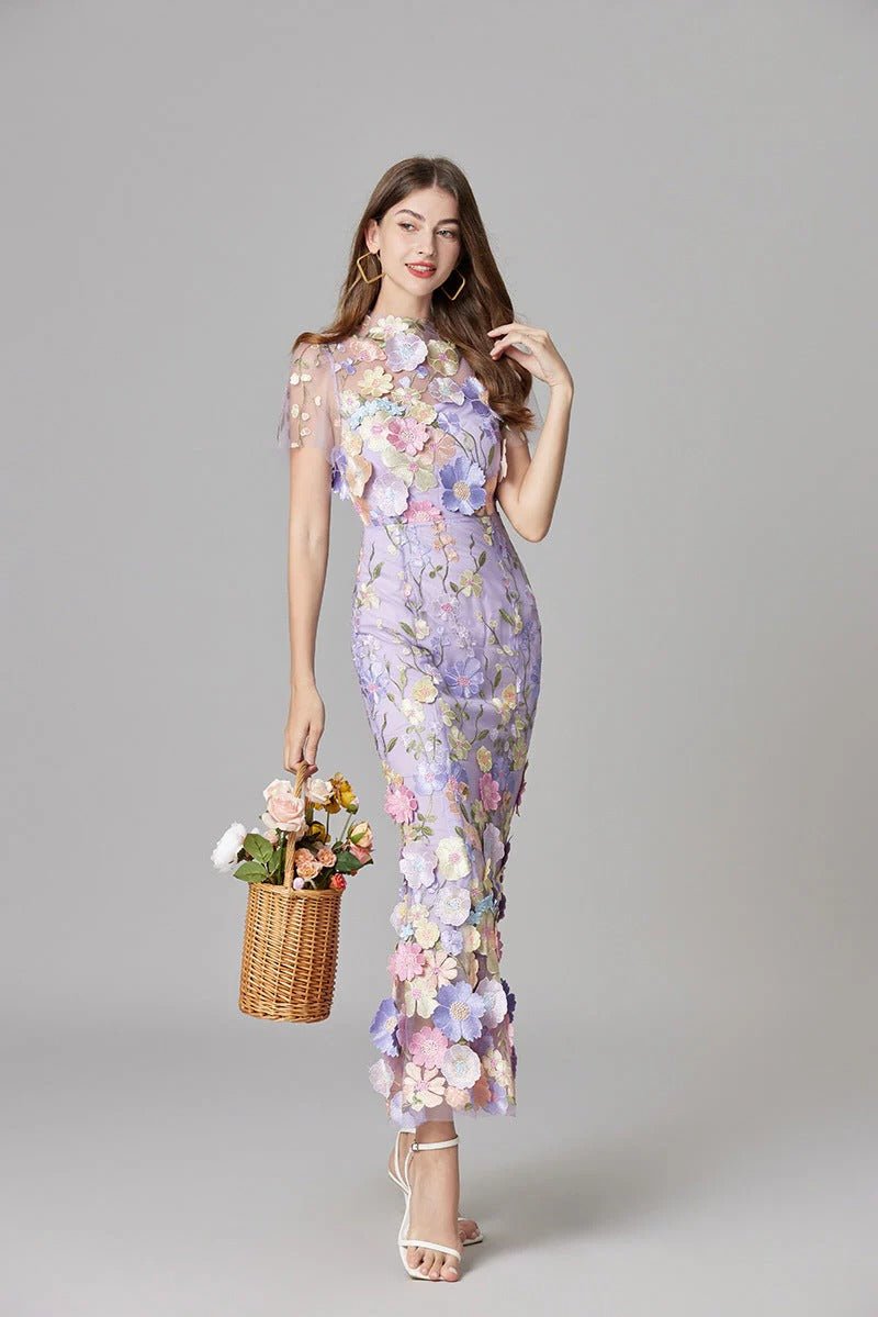 Sleeveless 3D Floral Applique Sheer Mesh Maxi Dress