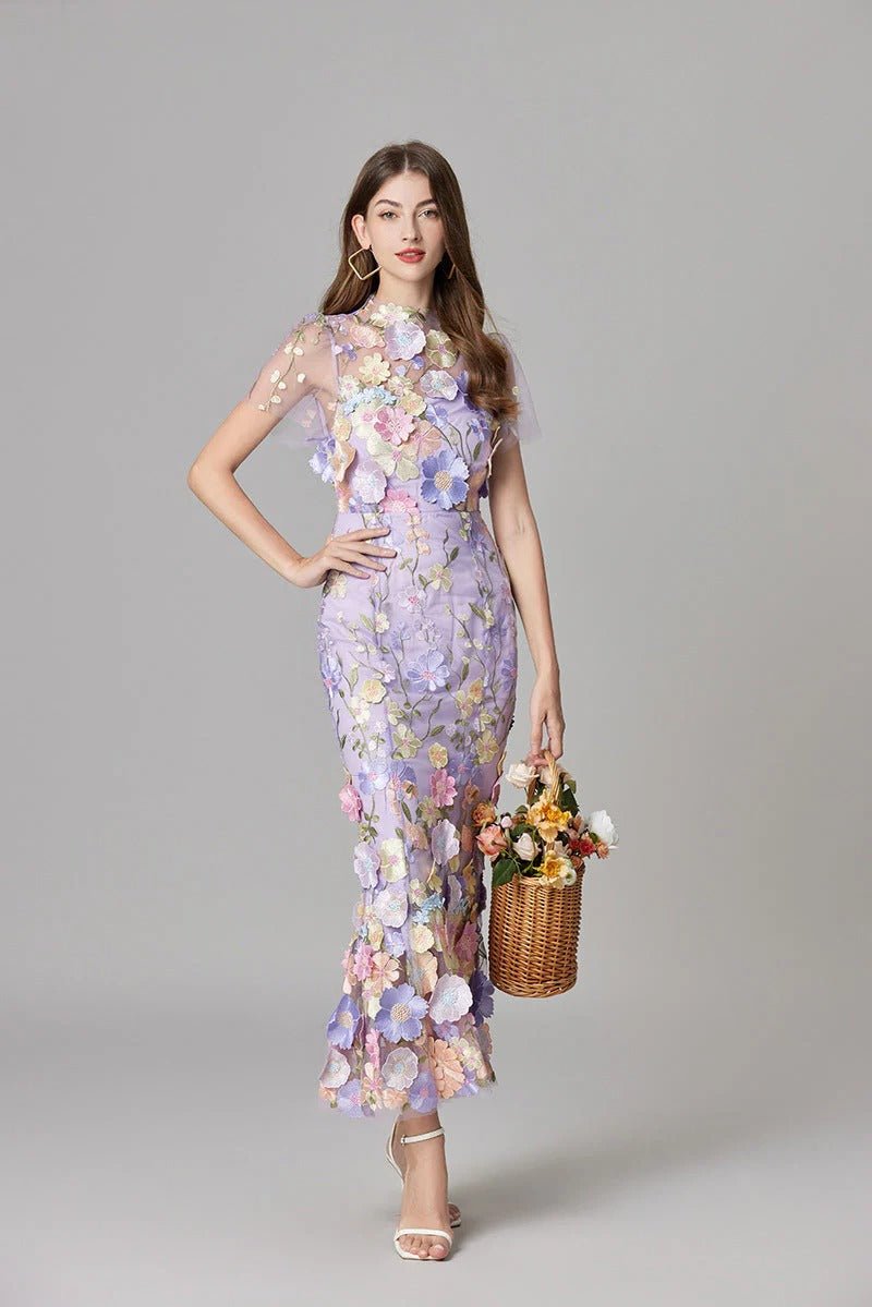 Sleeveless 3D Floral Applique Sheer Mesh Maxi Dress