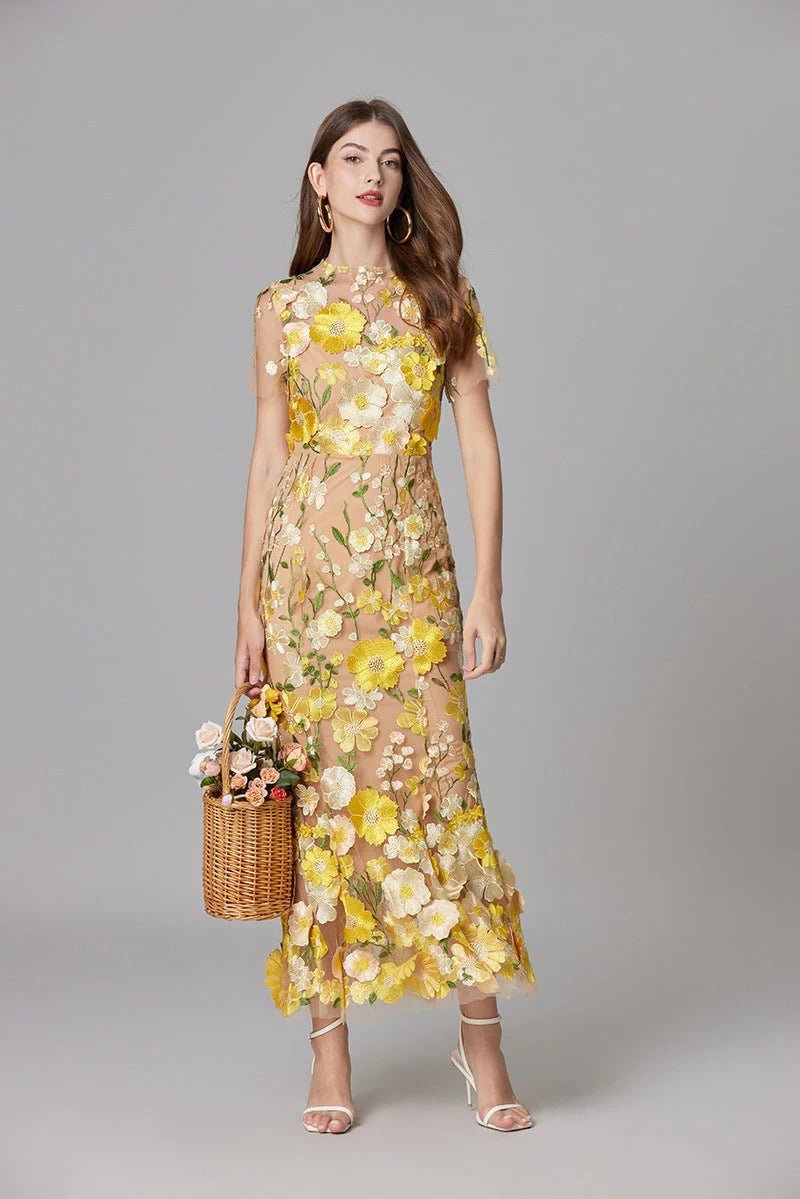 Sleeveless 3D Floral Applique Sheer Mesh Maxi Dress