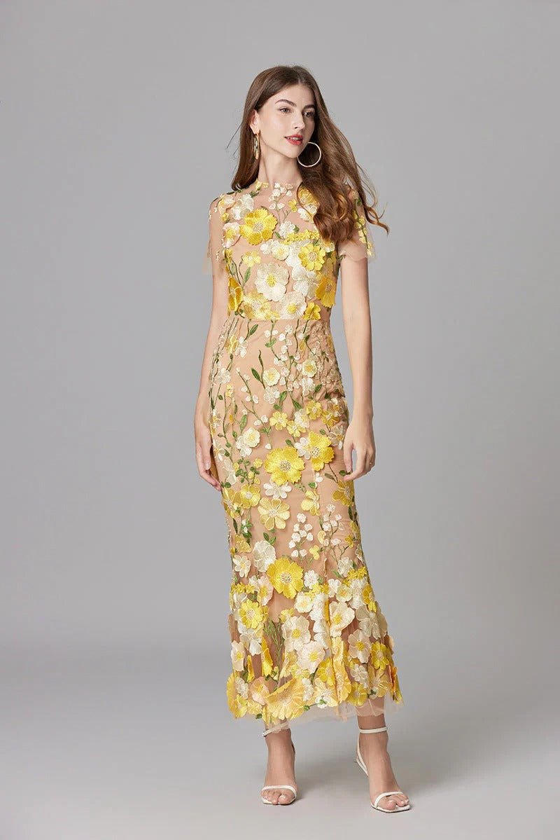 Sleeveless 3D Floral Applique Sheer Mesh Maxi Dress