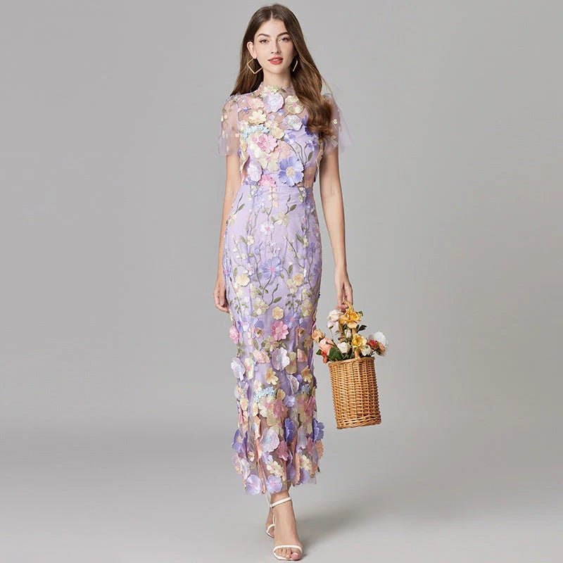 Sleeveless 3D Floral Applique Sheer Mesh Maxi Dress