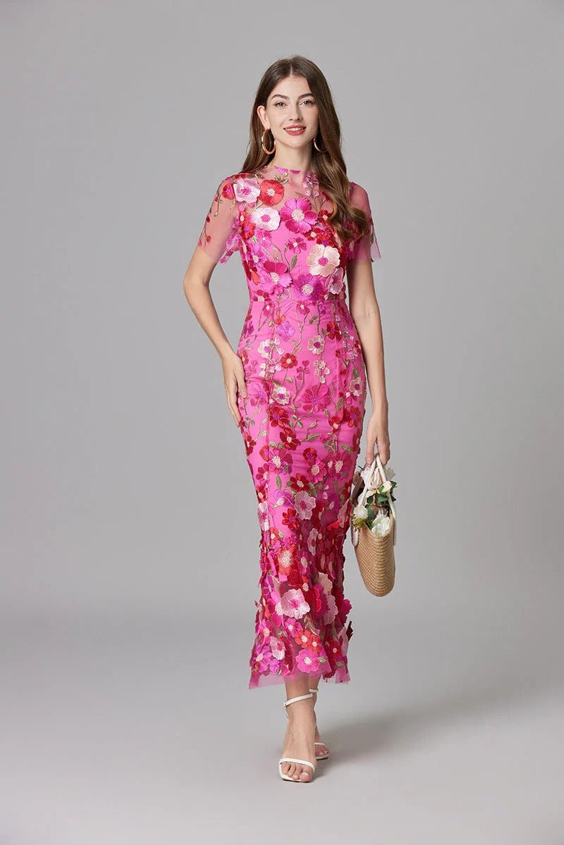 Sleeveless 3D Floral Applique Sheer Mesh Maxi Dress
