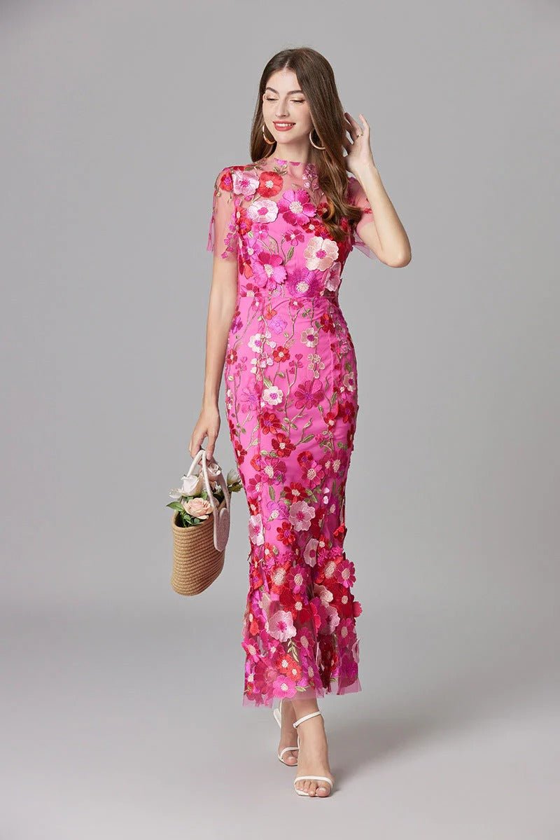 Sleeveless 3D Floral Applique Sheer Mesh Maxi Dress