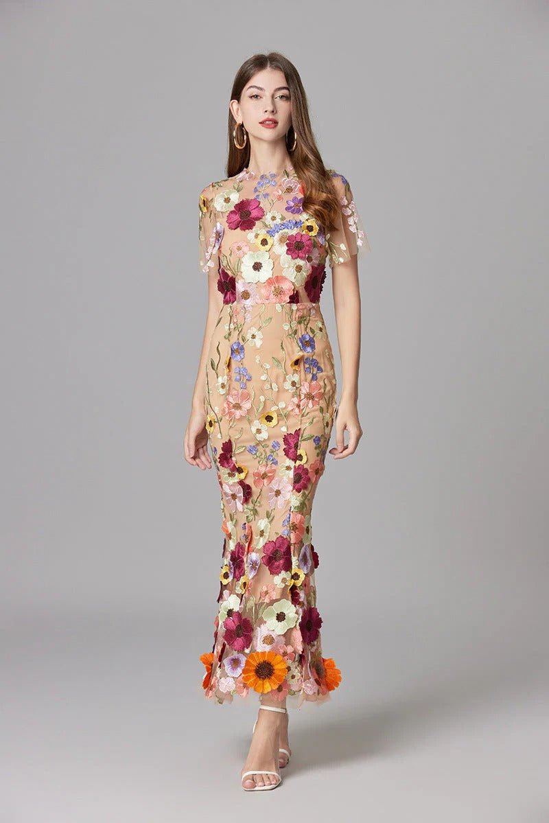 Sleeveless 3D Floral Applique Sheer Mesh Maxi Dress