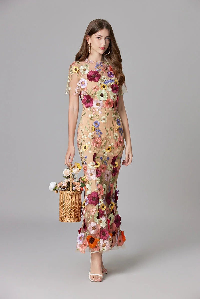 Sleeveless 3D Floral Applique Sheer Mesh Maxi Dress