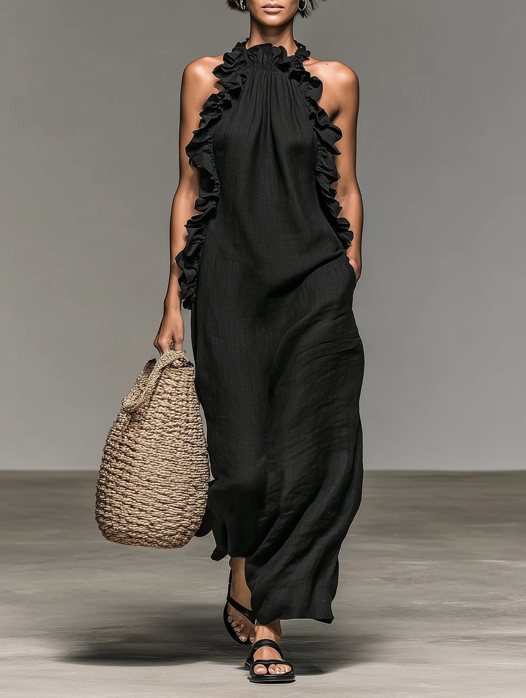 Sleeveless Linen Halter Ruffle Maxi Dress