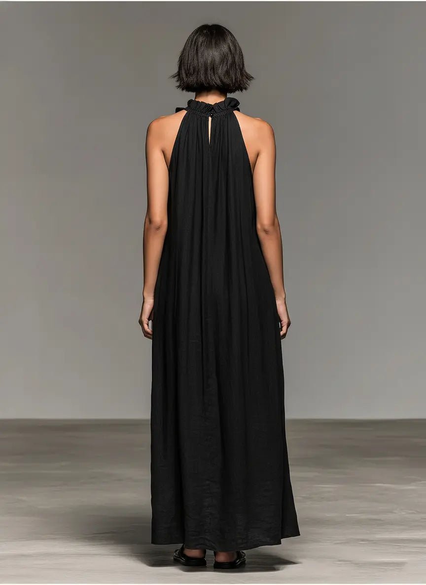 Sleeveless Linen Halter Ruffle Maxi Dress