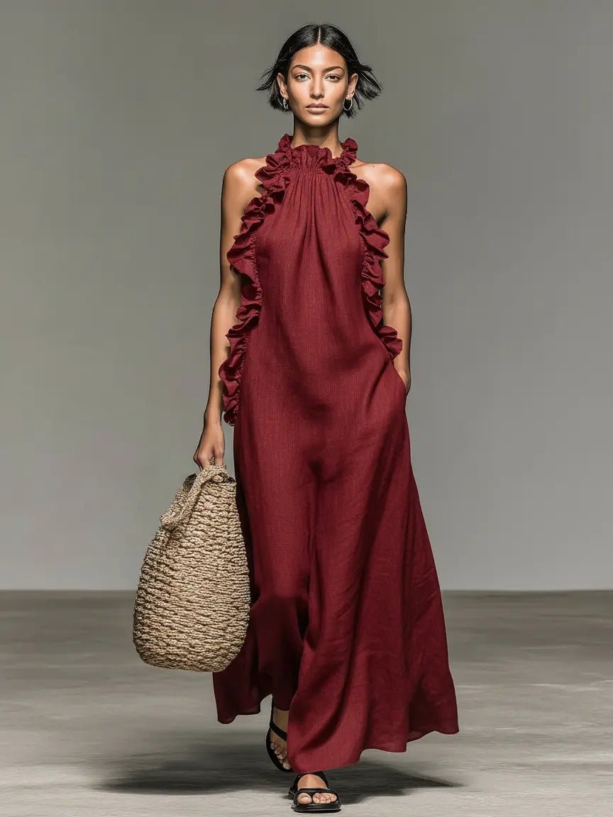 Sleeveless Linen Halter Ruffle Maxi Dress
