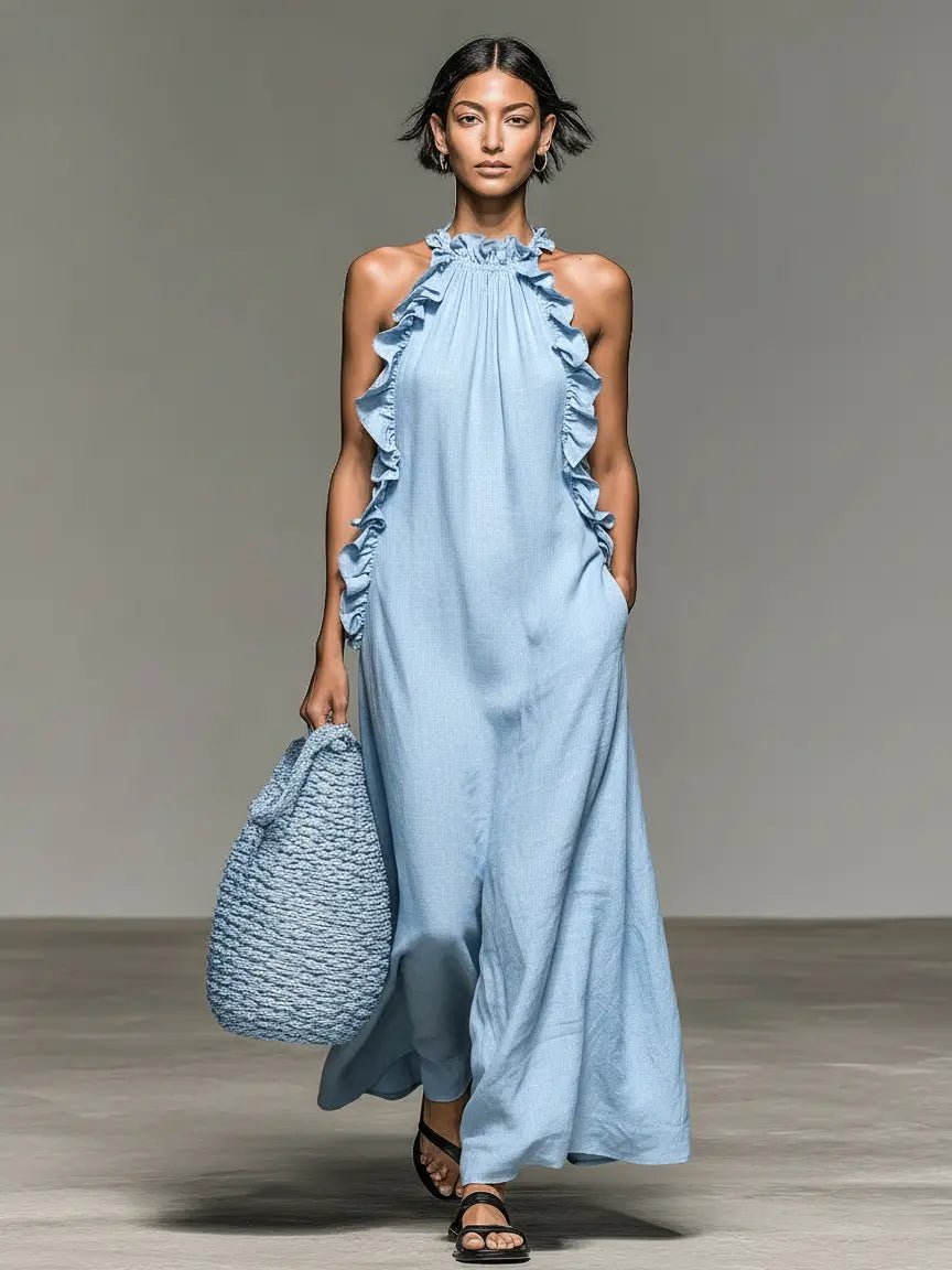 Sleeveless Linen Halter Ruffle Maxi Dress