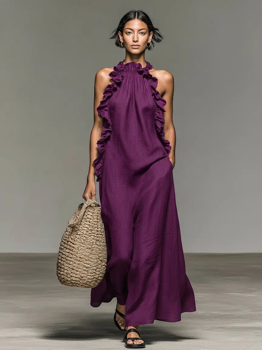 Sleeveless Linen Halter Ruffle Maxi Dress