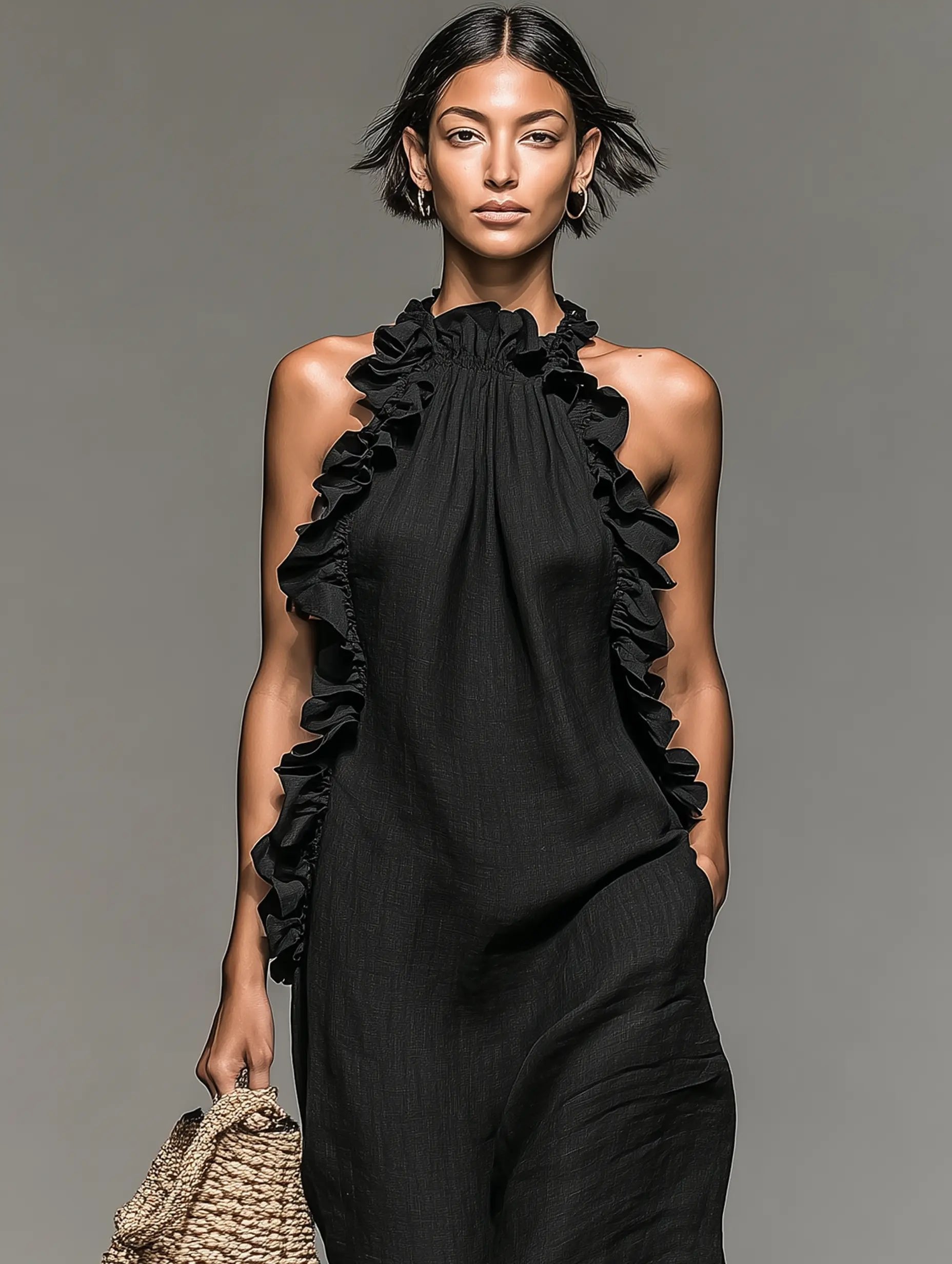Sleeveless Linen Halter Ruffle Maxi Dress