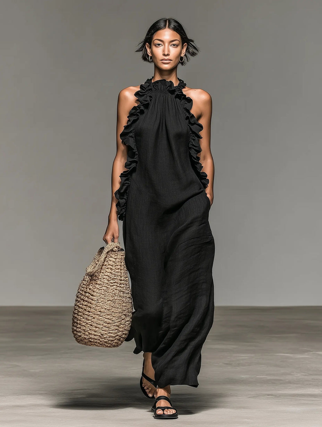 Sleeveless Linen Halter Ruffle Maxi Dress