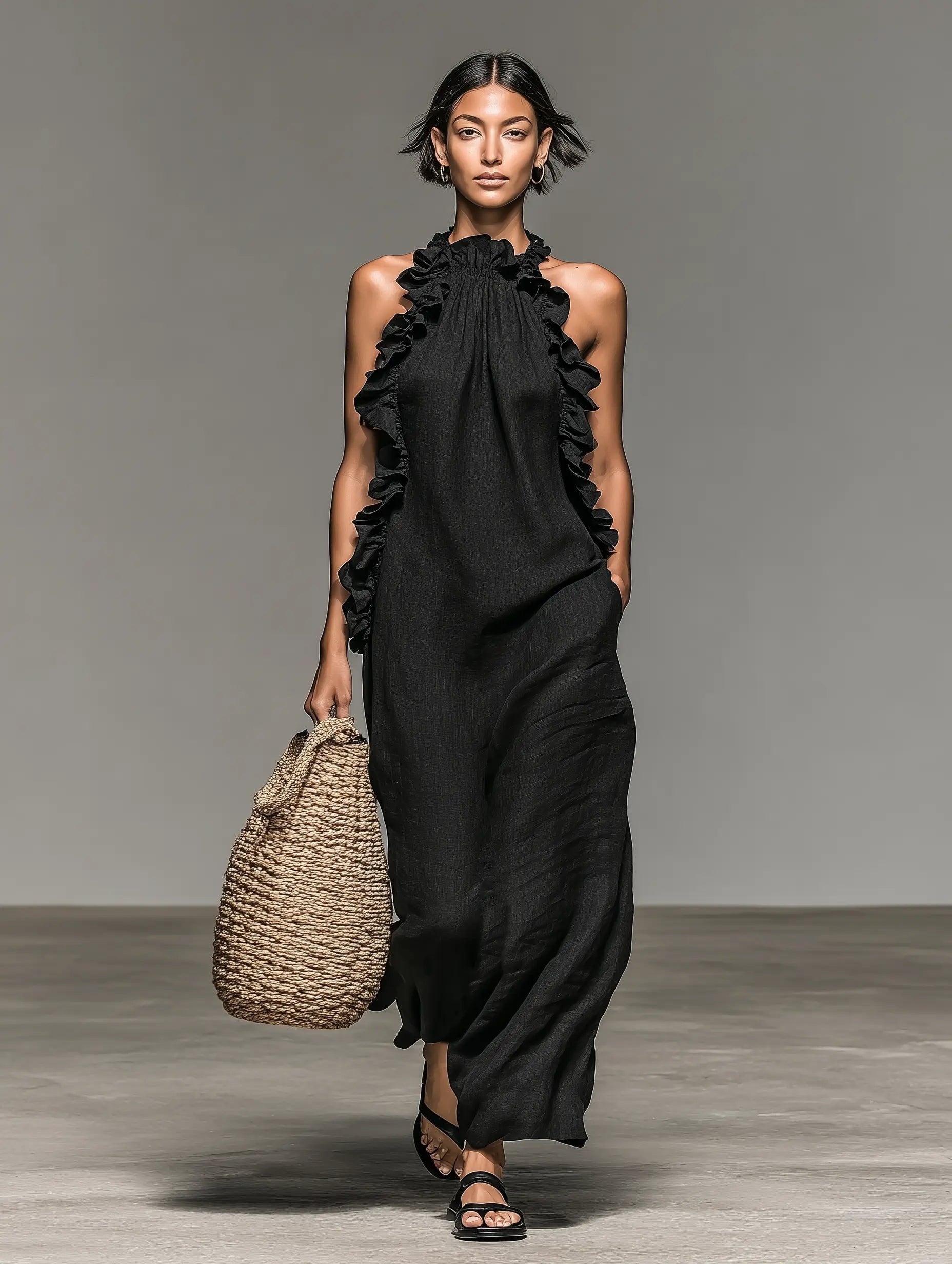 Sleeveless Linen Halter Ruffle Maxi Dress