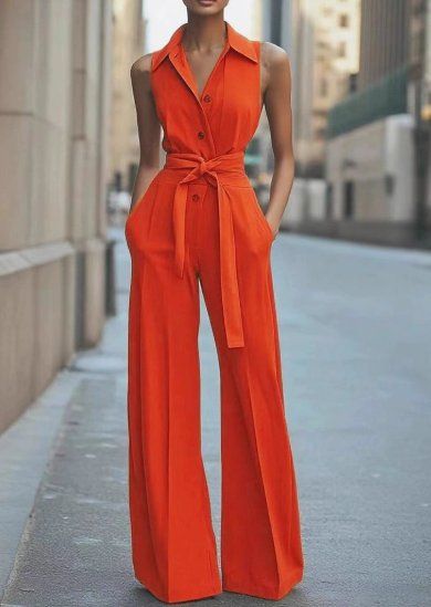 Sleeveless Wide-Leg Button-Front Belted Jumpsuit