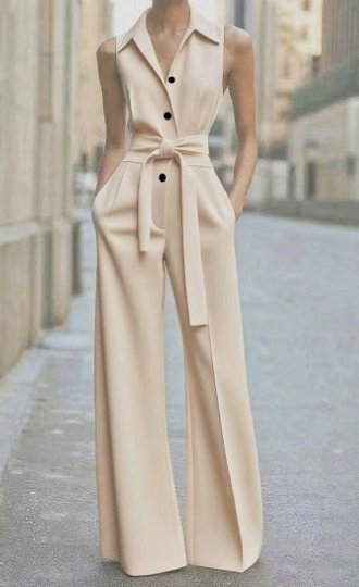 Sleeveless Wide-Leg Button-Front Belted Jumpsuit