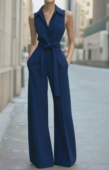 Sleeveless Wide-Leg Button-Front Belted Jumpsuit