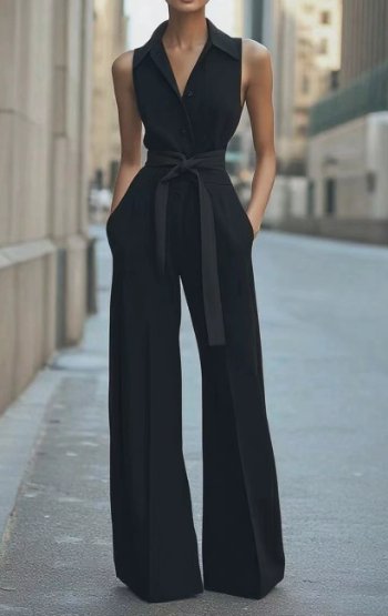 Sleeveless Wide-Leg Button-Front Belted Jumpsuit