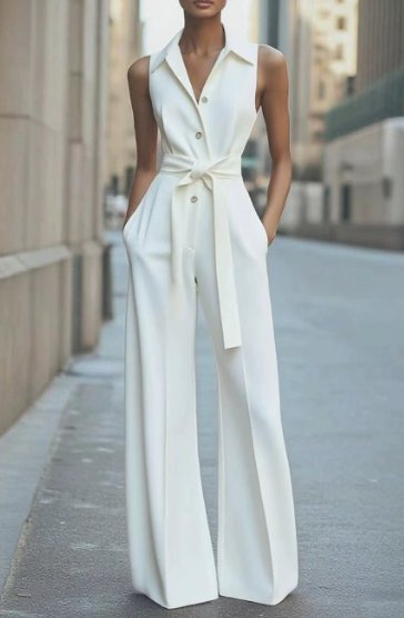 Sleeveless Wide-Leg Button-Front Belted Jumpsuit