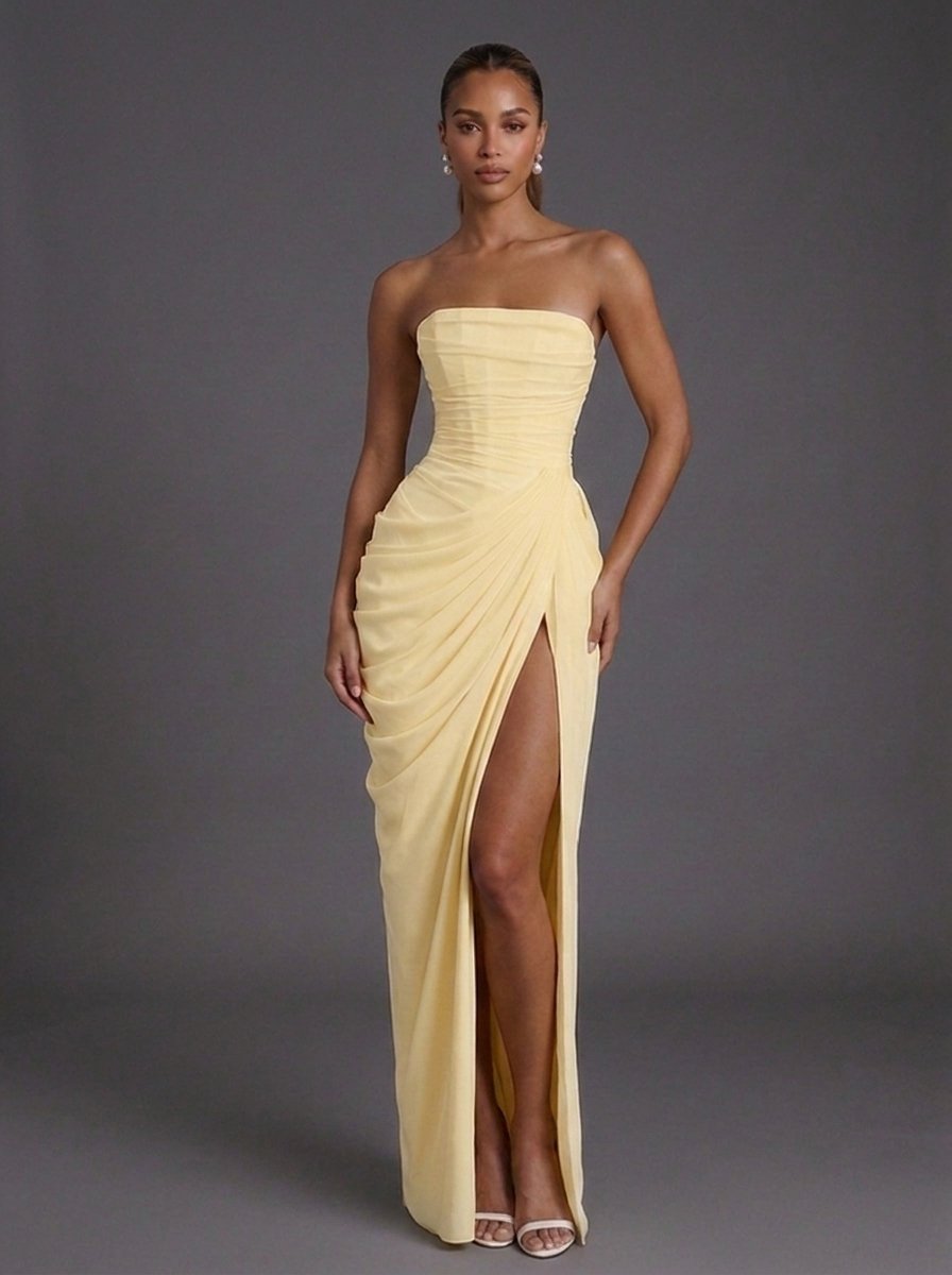 Strapless Corset Ruched Split Maxi Dress
