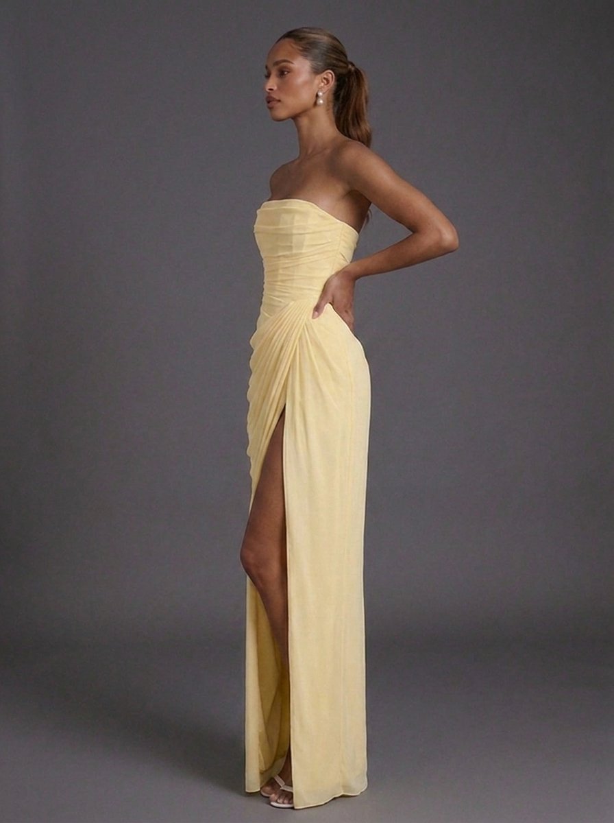 Strapless Corset Ruched Split Maxi Dress