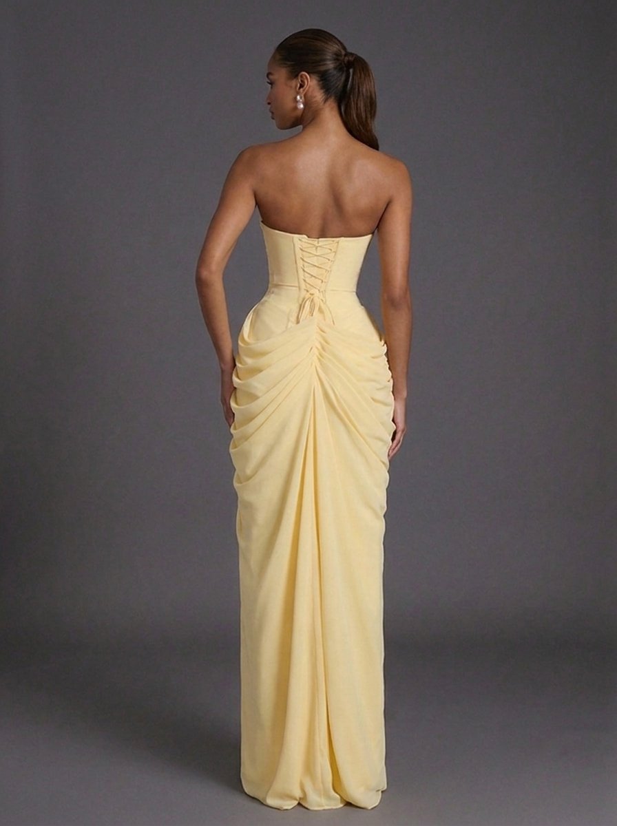 Strapless Corset Ruched Split Maxi Dress