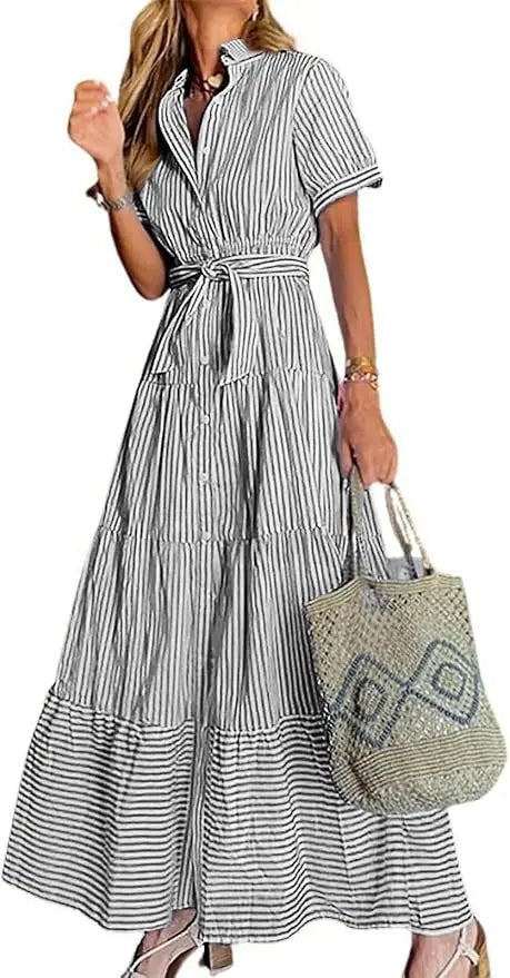 Striped Button-Down Tiered Maxi Dress
