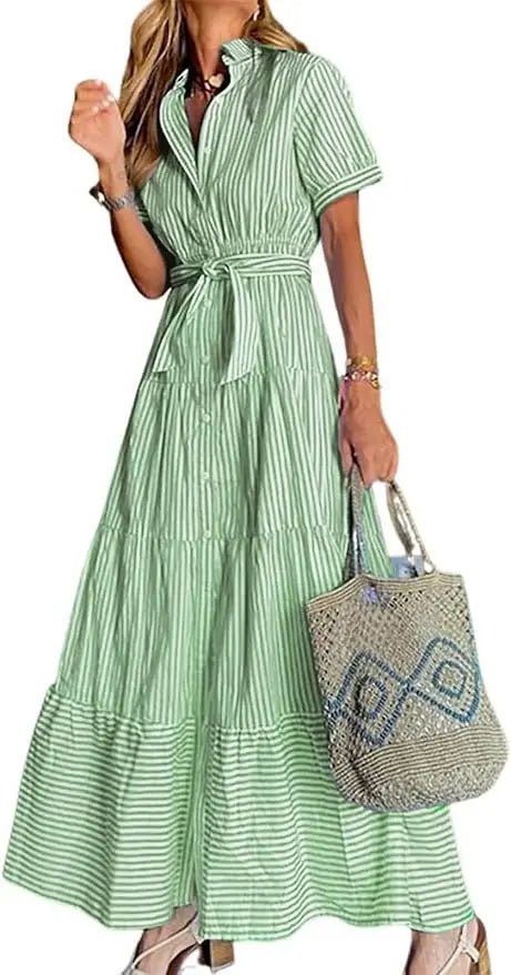 Striped Button-Down Tiered Maxi Dress