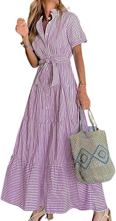 Striped Button-Down Tiered Maxi Dress