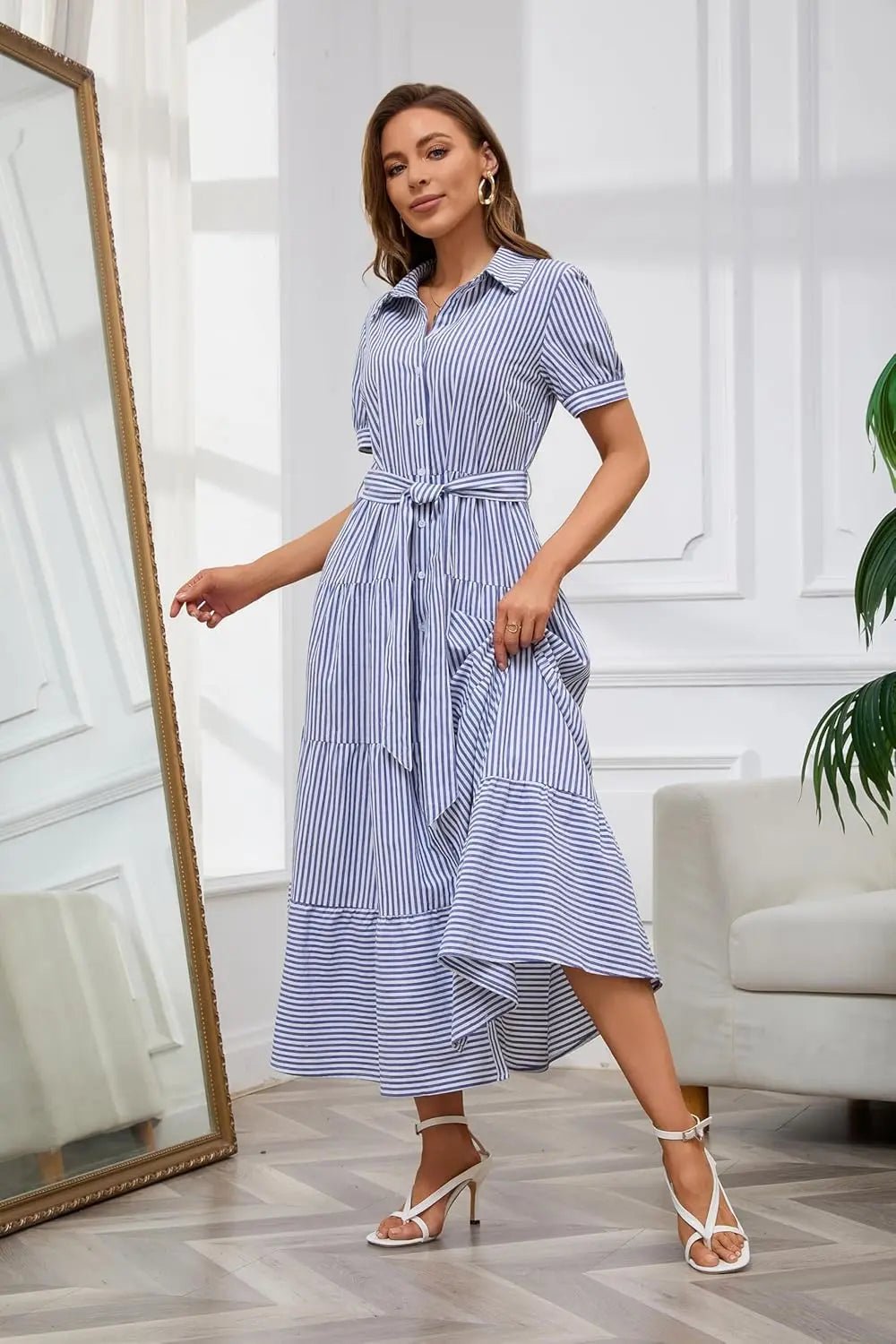 Striped Button-Down Tiered Maxi Dress