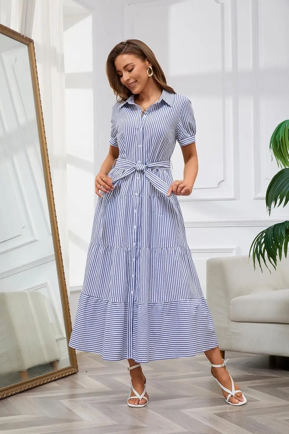 Striped Button-Down Tiered Maxi Dress
